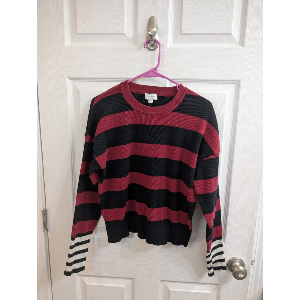 Evereve Striped Ribbed Knit Sweater Womens Burgundy Black Relaxed - Size M